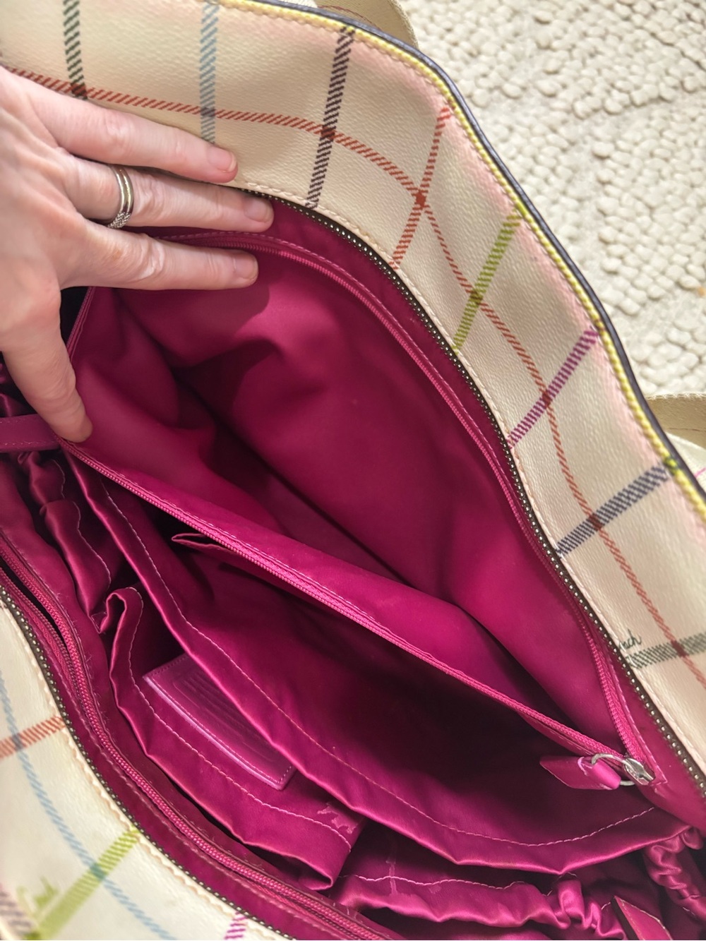 Coach Cream Plaid Canvas Tote with Pink Center Stripe and Tan Trim - Picture 11 of 14